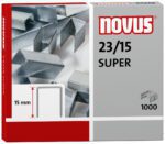 The image shows a gray and red box of Novus 23/15 Super Heavy Duty Staples, compatible with 23 gauge staplers. It features staple illustrations and highlights the 15mm length, containing 1000 staples ideal for demanding projects. Sold in a case of 50,000.