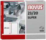 Box of Novus 23/20 Super Heavy Duty Staples contains 1,000 pieces, featuring 23 gauge staples with a 20mm length both on the packaging and inside.