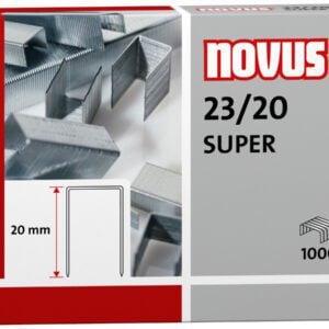 Box of Novus 23/20 Super Heavy Duty Staples contains 1,000 pieces, featuring 23 gauge staples with a 20mm length both on the packaging and inside.
