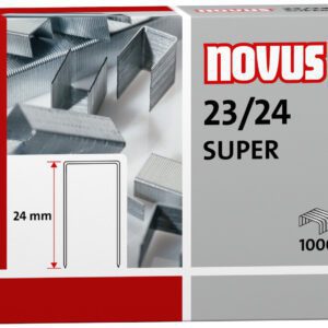 Image of a Novus 23/24 Super Heavy Duty Staples box, highlighting durable metal staples. The indicated 24mm, 23 gauge staples are ideal for robust applications. Contains 1,000 pieces with a red and gray background. Sold as part of a case containing 40,000 staples.