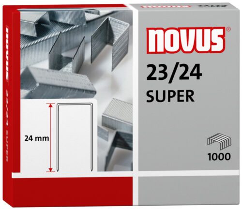 24_Super_Staples.jpg Image of a Novus 23/24 Super Heavy Duty Staples box, highlighting durable metal staples. The indicated 24mm, 23 gauge staples are ideal for robust applications. Contains 1,000 pieces with a red and gray background. Sold as part of a case containing 40,000 staples.