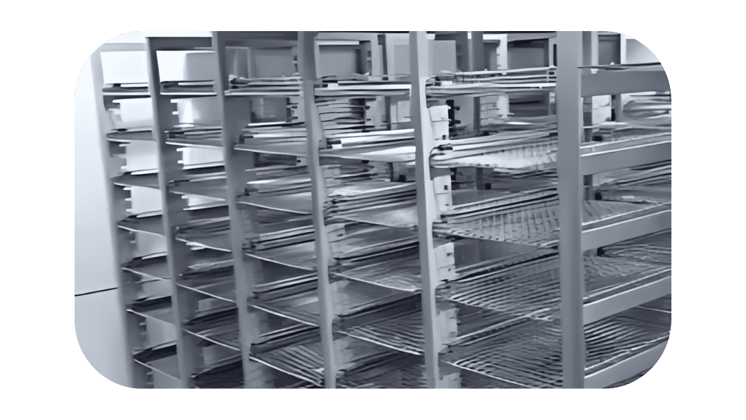 Rows of metal racks with individual trays for instrument storage