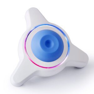 The MH-USA Mini Vortex Mixer, Blue, is a sleek three-pronged white device featuring a central blue circular component, highlighted by pink and blue lights. It stands out against a plain white background and embodies modern elegance in every detail.