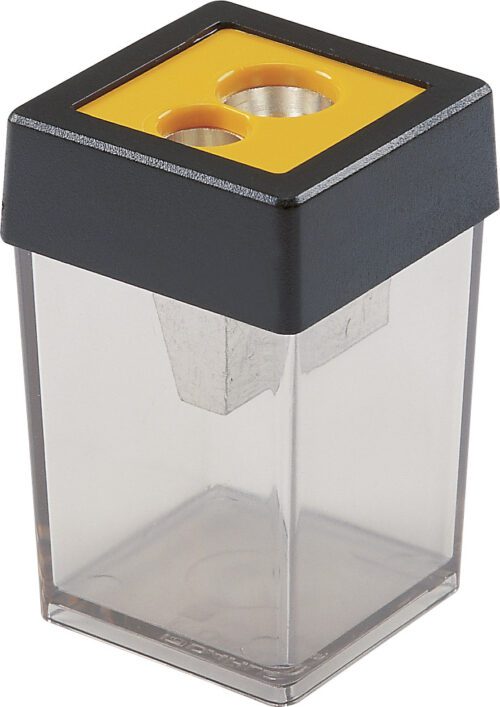 53465.jpg The Dahle 53465 Double Canister Pencil Sharpener has a yellow surface, black lid, and clear plastic design with dual top holes. Its transparent walls show the empty container, highlighting its functionality. Sold in cases of 100.