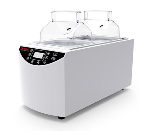 The MH-USA 5L Water Bath features a white painted exterior, a digital control panel with multiple buttons, and a sleek screen. It has a stainless steel basin with two transparent, lid-covered compartments for precise sous vide cooking.