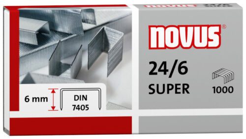 The Novus 24/6 Super Premium Staples packaging features metal staples, with 1000 staples per box, each 6mm long and meeting DIN 7405 standards. The design in red, gray, and white accents enhances its sleek look.