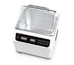 The MH-USA 13L Water Bath features a white painted exterior and stainless steel basin, with a digital display showing OFF 24.5 and control buttons, while its transparent lid ensures precise sous vide cooking.