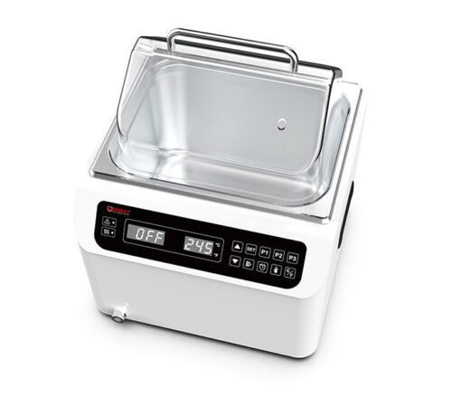 The MH-USA 13L Water Bath features a white painted exterior and stainless steel basin, with a digital display showing OFF 24.5 and control buttons, while its transparent lid ensures precise sous vide cooking.