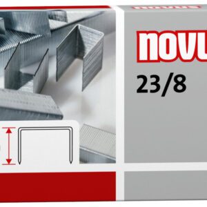 A box of Novus 24/8 Super Premium Staples, 24 gauge with an 8mm leg length, is displayed in gray and red, showcasing its image. This case contains 100,000 staples, ideal for heavy-duty stapling needs.