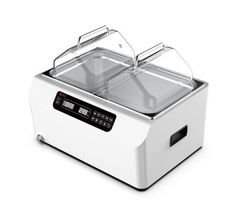 The MH-USA 24 Liter Water Bath features a white sous vide cooker with a digital display, two transparent lids, and sturdy side handles. Its white painted exterior and stainless steel basin ensure durability, while control buttons simplify adjusting settings, temperature, and cooking time.
