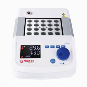 The MH-USA 1-Block Dry Bath Incubator includes a digital temperature and time display, multiple sample slots, labeled buttons, and control knobs on the front panel. Its sleek white and gray design with a blue accent enhances both functionality and style.
