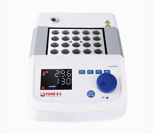 A-1BLOCK_e5e6f63a-1049-4e31-a3ac-c958630c7364_493x.jpg The MH-USA 1-Block Dry Bath Incubator includes a digital temperature and time display, multiple sample slots, labeled buttons, and control knobs on the front panel. Its sleek white and gray design with a blue accent enhances both functionality and style.