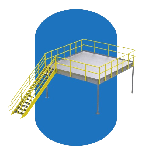 A metal platform with yellow safety rails and an attached staircase is elevated on four legs against a blue backdrop, resembling a customizable modular building on top of a mezzanine for an Air Force Base.