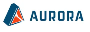 Logo featuring a stylized blue and orange triangular shape on the left, with the word AURORA in bold, blue capital letters to the right, reminiscent of Utahs dynamic landscapes and sturdy shelving design.
