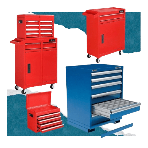 A collage of four tool chests: three red with varying drawer sizes and one blue, open to show compartments. Designed for workshop organization, these mobile carts are perfect for organizing and transporting tools in any mechanics garage.