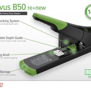 The image presents the eco-friendly B50 re+new Heavy Duty Stapler, Black (Case Of 10), capable of stapling up to 140 sheets. It features an anti-blocking system, adjustable depth guide, rotating anvil, and staple storage.