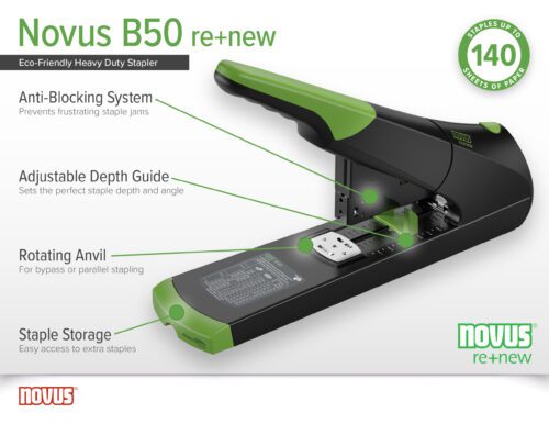 The image presents the eco-friendly B50 re+new Heavy Duty Stapler, Black (Case Of 10), capable of stapling up to 140 sheets. It features an anti-blocking system, adjustable depth guide, rotating anvil, and staple storage.