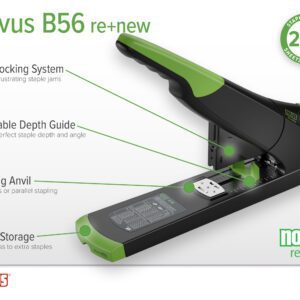 The B56 re+new Heavy Duty Stapler (Black, Case of 10) features an Anti-Blocking System, Adjustable Depth Guide, Rotating Anvil, and Staple Storage. Designed to staple up to 200 sheets at once. Ideal for versatile use.