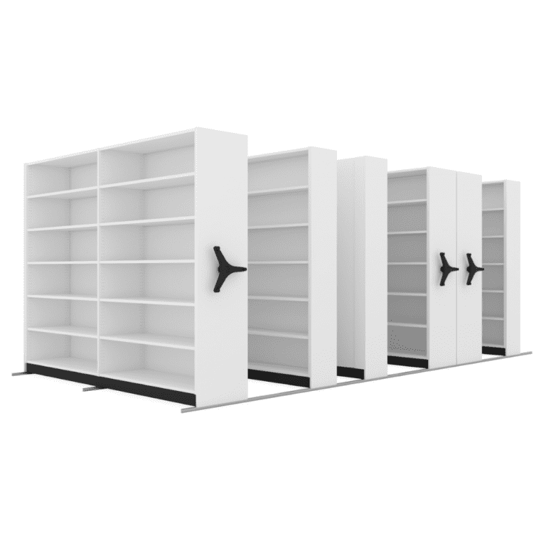 White mobile shelving units with multiple empty shelves and black circular handles glide on tracks, offering compact storage solutions. Ideal for various uses, theyre among the best shelving to grow weed, combining efficiency with practicality.