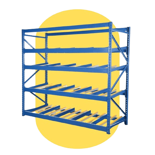 A blue industrial storage rack with five horizontal shelves, ideal for holding items in an organized manner, set against a yellow background. This ergonomic storage solution ensures sturdy support and efficiency.