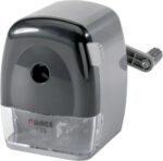 The Dahle 133 Personal Pencil Sharpener boasts a sleek black and gray design, featuring a side hand crank and a transparent shavings container. The model number 133 ensures reliability for your pencil sharpening needs.