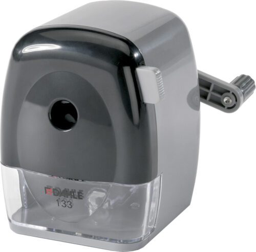 Dahle_133_Rotary_Pencil_Sharpener.jpg The Dahle 133 Personal Pencil Sharpener boasts a sleek black and gray design, featuring a side hand crank and a transparent shavings container. The model number 133 ensures reliability for your pencil sharpening needs.