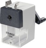 The Dahle 155 Professional Pencil Sharpener has a manual crank, black top, transparent shavings compartment, and the DAHLE 155 brand name on the front, highlighting its professional quality.