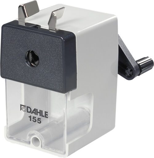 The Dahle 155 Professional Pencil Sharpener has a manual crank, black top, transparent shavings compartment, and the DAHLE 155 brand name on the front, highlighting its professional quality.