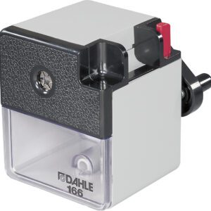 The Dahle 166 Premium Pencil Sharpener, with its sleek silver and black design, features a clear shavings compartment, hand crank, and unique red lever. The brand name and model number are clearly displayed to add quality and style to any workspace.