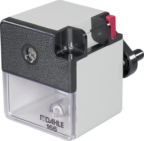 The Dahle 166 Premium Pencil Sharpener, with its sleek silver and black design, features a clear shavings compartment, hand crank, and unique red lever. The brand name and model number are clearly displayed to add quality and style to any workspace.