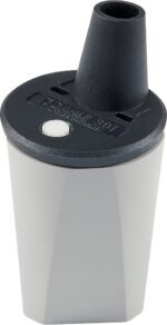 The whistle, similar to the Dahle 301 Precision Lead Pointer, features a gray and black hexagonal body with a cylindrical mouthpiece. It has a black top surface with a sleek white circular button.