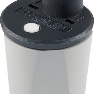 The whistle, similar to the Dahle 301 Precision Lead Pointer, features a gray and black hexagonal body with a cylindrical mouthpiece. It has a black top surface with a sleek white circular button.