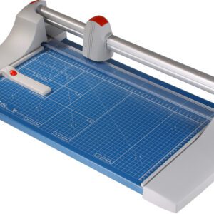 The Dahle 442 Premium Rotary Trimmer features a 20 cutting length, a blue grid base, and a sliding blade on a metal rail for precision. Its gray body with red accents enhances the cutting surface with accurate measurement markings.