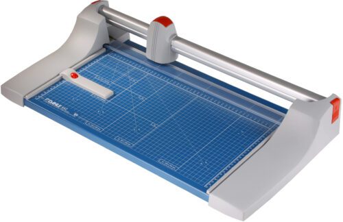 Dahle_442_Premium_Rotary_Trimmer.jpg The Dahle 442 Premium Rotary Trimmer features a 20 cutting length, a blue grid base, and a sliding blade on a metal rail for precision. Its gray body with red accents enhances the cutting surface with accurate measurement markings.