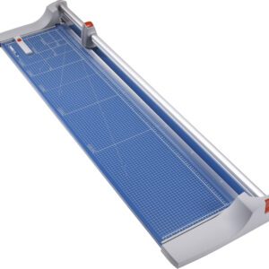 The Dahle 448 Premium Rotary Trimmer, featuring a blue and gray design, includes a grid pattern on the cutting surface, a metal rail, rotary blade mechanism, and safety guard. With its 51 cut length and measurement markings, it ensures precise and safe cuts.