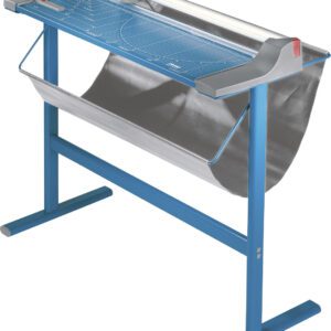 The Dahle 448s Large Format Premium Rotary Trimmer has a blue metal frame, measures 51 in cut length, and includes a cutting mat surface, measurement guides, and a fabric catchment bag. It comes with an integrated stand.