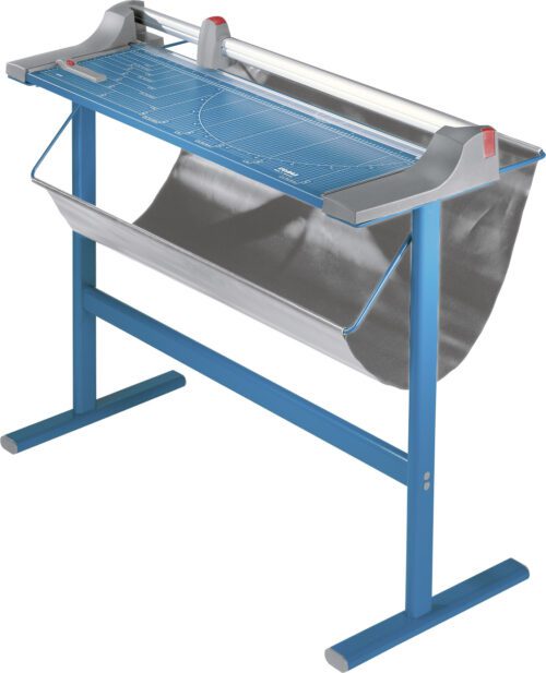 The Dahle 448s Large Format Premium Rotary Trimmer has a blue metal frame, measures 51 in cut length, and includes a cutting mat surface, measurement guides, and a fabric catchment bag. It comes with an integrated stand.
