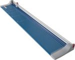 The Dahle 472 Premium Rotary Trimmer, 72, has a rectangular design with a blue grid surface, cutting rail, and blade slider. Its mainly white base accented in red ensures precise trimming of large paper sheets.