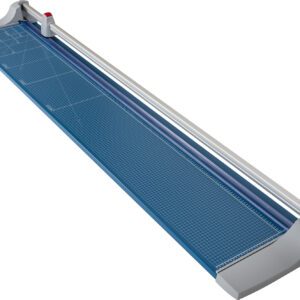The Dahle 472 Premium Rotary Trimmer, 72, has a rectangular design with a blue grid surface, cutting rail, and blade slider. Its mainly white base accented in red ensures precise trimming of large paper sheets.