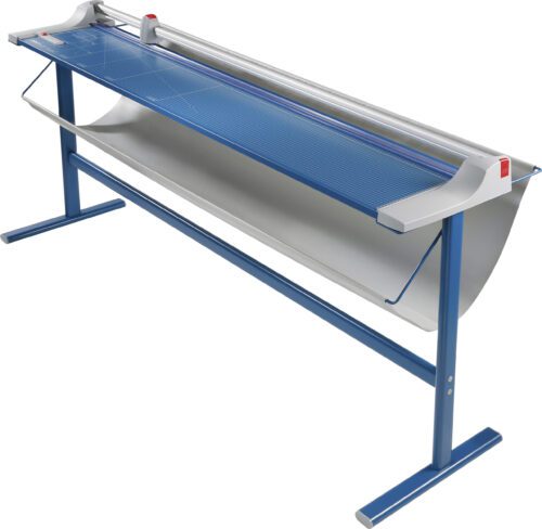 Introducing the Dahle 472s Large Format Premium Rotary Trimmer with a 72 cut length. This stylish blue and silver cutter, mounted on robust blue legs, features a sliding blade mechanism and an angled shelf for collecting trimmed paper. Stand included for added convenience.