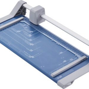 The Dahle 507 Personal Rotary Trimmer, available in a case of 5, has a metallic blade arm, blue cutting surface with precise guides, white handle, and transparent paper guide for accurate cuts up to its 12 cut length.