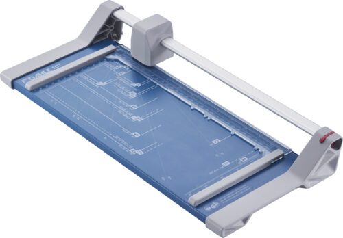 The Dahle 507 Personal Rotary Trimmer, available in a case of 5, has a metallic blade arm, blue cutting surface with precise guides, white handle, and transparent paper guide for accurate cuts up to its 12 cut length.
