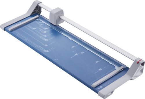 The Dahle 508 Personal Rotary Trimmer offers an 18 cut length, a sliding blade for precision, and a blue surface with white alignment grid lines. Its available in a case of five units for added convenience.