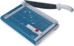 The Dahle 533 Professional Guillotine features a sturdy metal blade and safety guard, boasting a precise 13 cut length. Its blue and white design includes surface measurement guides and an adjustable red button. The white handle extends upward for ease of use.