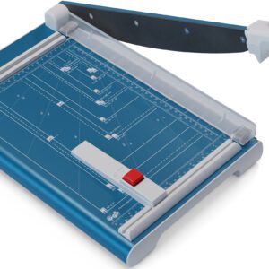 The Dahle 533 Professional Guillotine features a sturdy metal blade and safety guard, boasting a precise 13 cut length. Its blue and white design includes surface measurement guides and an adjustable red button. The white handle extends upward for ease of use.