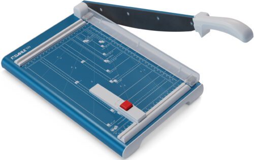 Dahle_533_Professional_Guillotine.jpg The Dahle 533 Professional Guillotine features a sturdy metal blade and safety guard, boasting a precise 13 cut length. Its blue and white design includes surface measurement guides and an adjustable red button. The white handle extends upward for ease of use.