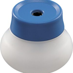 The Dahle 53460 Chubby Canister Pencil Sharpener, sold in a case of 100, has a compact design with a blue top and white base, featuring a central hole for easy pencil insertion.