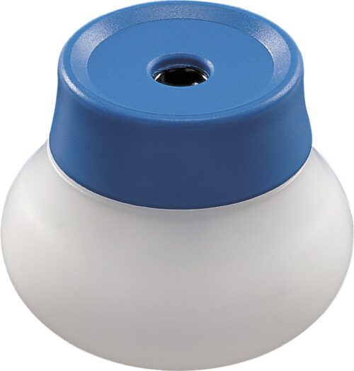 The Dahle 53460 Chubby Canister Pencil Sharpener, sold in a case of 100, has a compact design with a blue top and white base, featuring a central hole for easy pencil insertion.