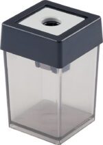 The Dahle 53461 Single Canister Pencil Sharpener, available in gray as a case of 100, features a transparent rectangular design with a black top and circular pencil opening, revealing the shavings container for practicality and style.