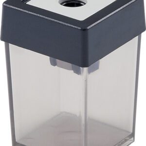 The Dahle 53461 Single Canister Pencil Sharpener, available in gray as a case of 100, features a transparent rectangular design with a black top and circular pencil opening, revealing the shavings container for practicality and style.